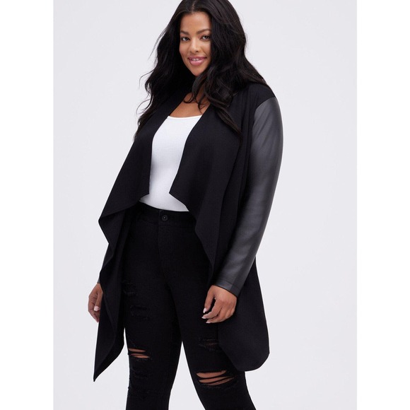 torrid Jackets & Blazers - Torrid Ponte & Faux Leather Drape Front Kimono Cardigan Jacket Blk Plus Size 4X